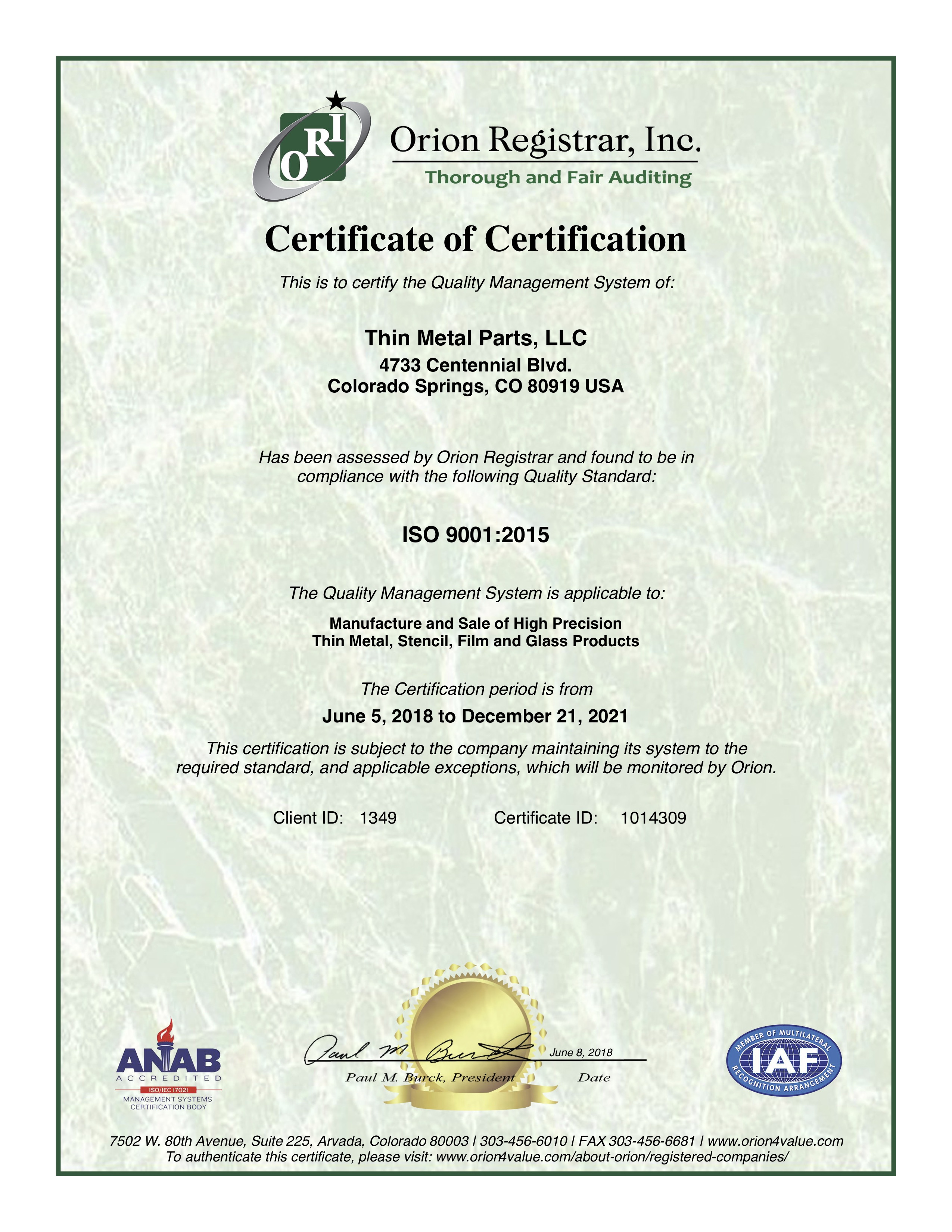 Thin Metal Parts ISO 9001 Certificate for Quality Control