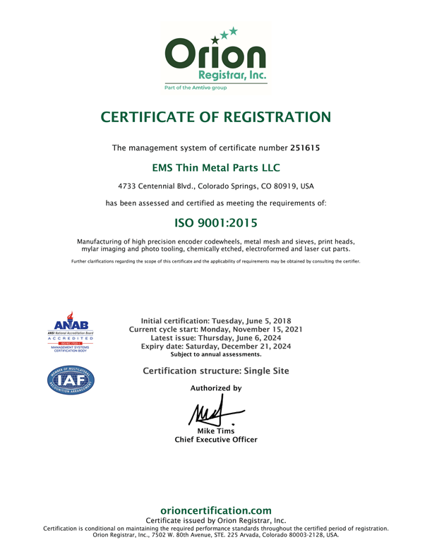 Thin Metal Parts ISO 9001 Certificate for Quality Control