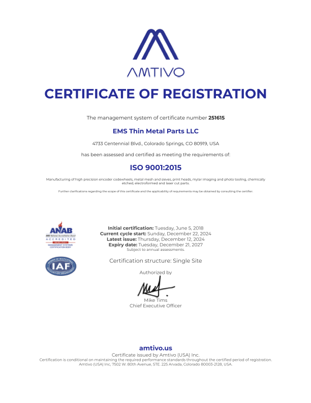 Thin Metal Parts ISO 9001 Certificate for Quality Control